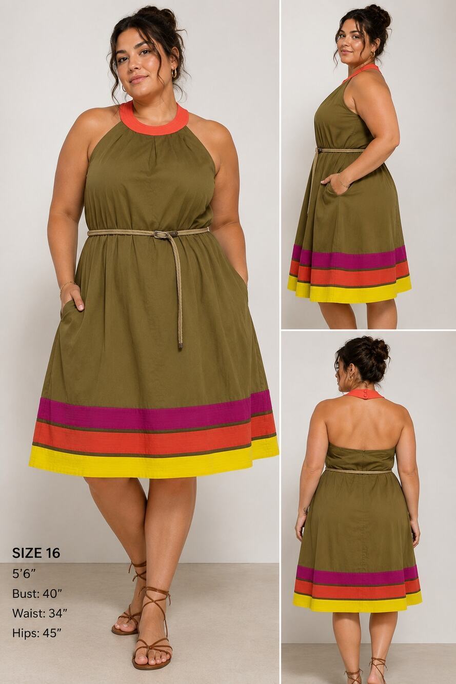 Jessica Howard Halter Dress 16 Olive Colorblock Rope Belt Fit Flare Midi